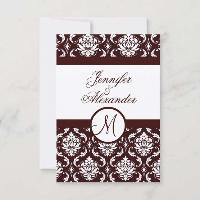 Tarjeta RSVP Monograma Brown Damask en papel Felt (Anverso)