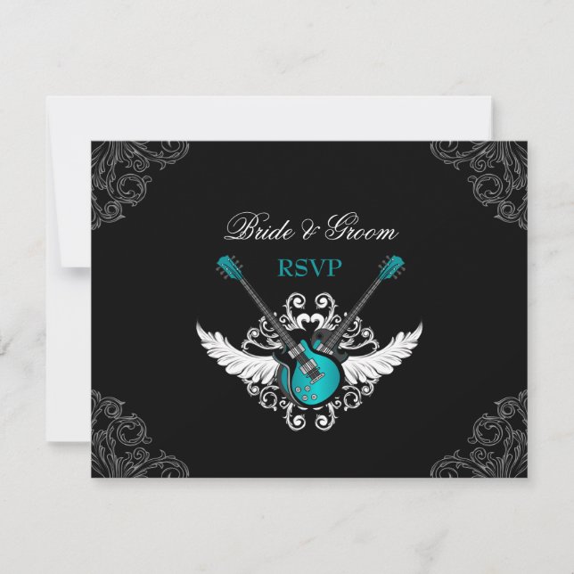 Tarjeta RSVP negra Verde azulada para Bodas rocker (Anverso)