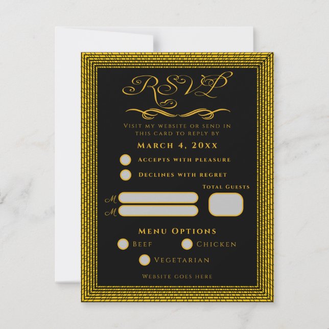 Tarjeta RSVP negra y dorada con elementos decorati (Anverso)