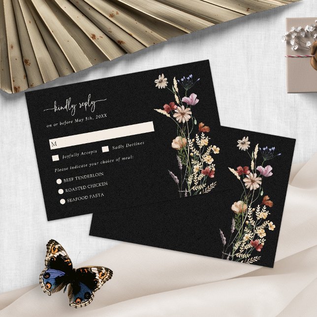 Tarjeta RSVP para Black Wildflower Boho (Black Watercolor Wildflower Boho RSVP Card by Painted Paperie
)