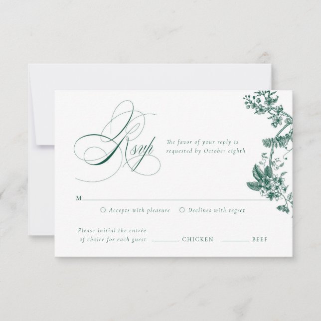 Tarjeta RSVP para Boda Floral Vintage Verde (Anverso)