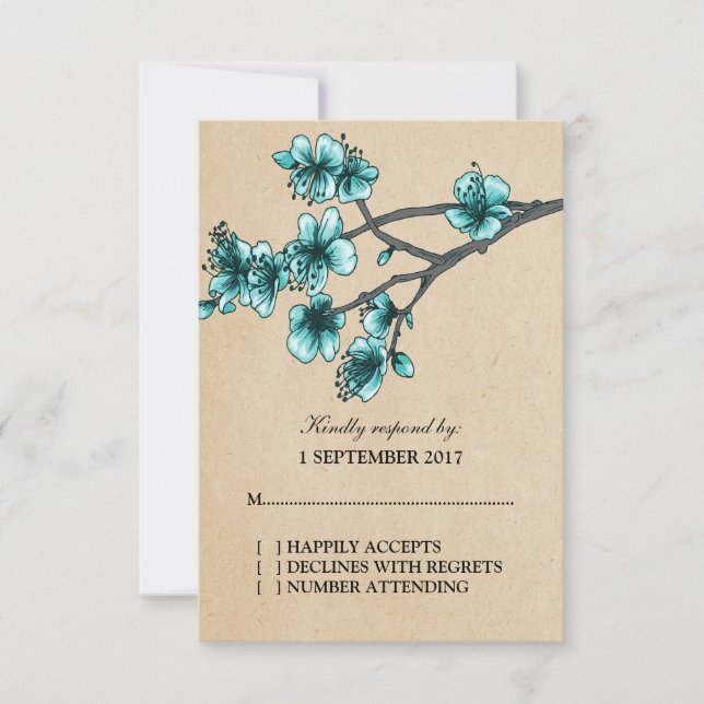 Tarjeta RSVP para cerezos vintage Aqua (Anverso)