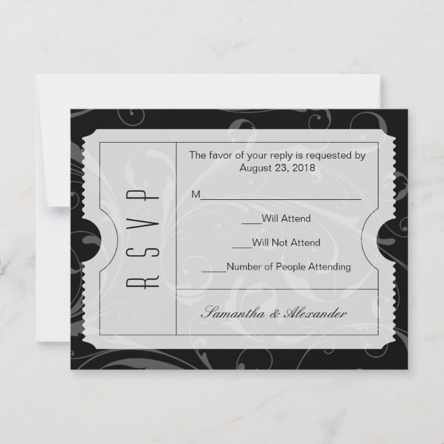 Tarjeta RSVP para entradas de Boda blanco y negro (Anverso)