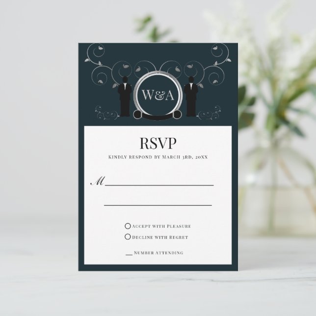 Tarjeta RSVP para hombres Bodas Silver Blue Monogr (Anverso de pie)