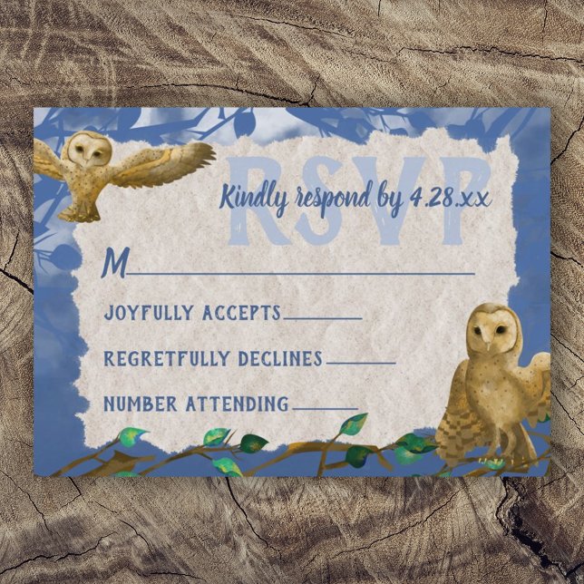 Tarjeta RSVP para Lechuzas, Blue & Beige Bar Mitzv (Rustic blue beige brown owl forest bar mitzvah rsvp card, reply card, respond blue rsvp)