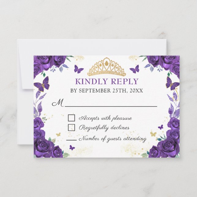 Tarjeta RSVP para mariposas Purple Floral Quinceañ (Anverso)
