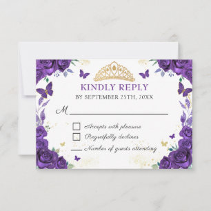 Tarjeta RSVP para mariposas Purple Floral Quinceañ