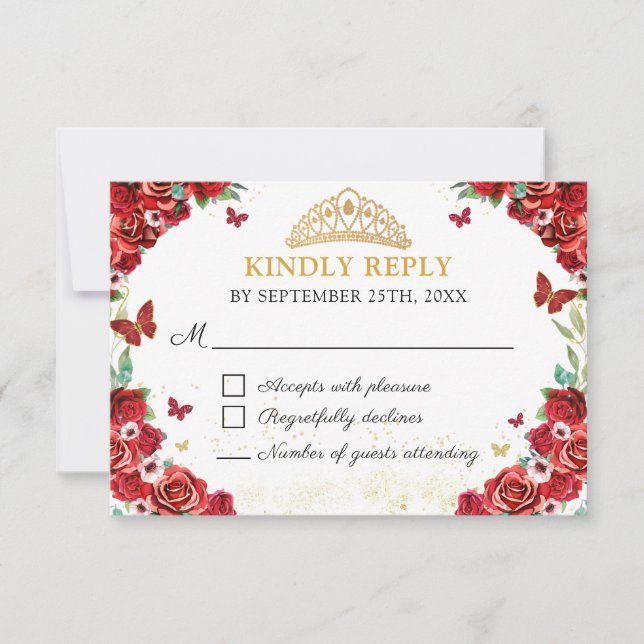 Tarjeta RSVP para mariposas Red Roses Floral Quinc (Anverso)