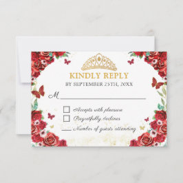 Tarjeta RSVP para mariposas Red Roses Floral Quinc