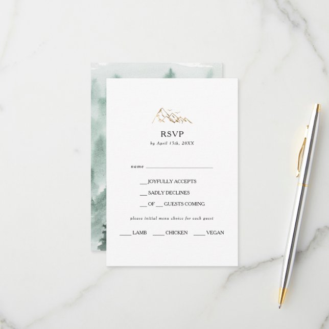 Tarjeta RSVP para menú de montaña verde y dorado (Anverso/Reverso In Situ)