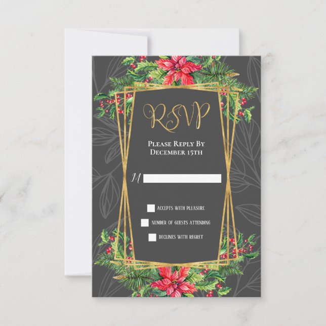 Tarjeta RSVP para Navidades Gris Red Gold Poinsett (Anverso)