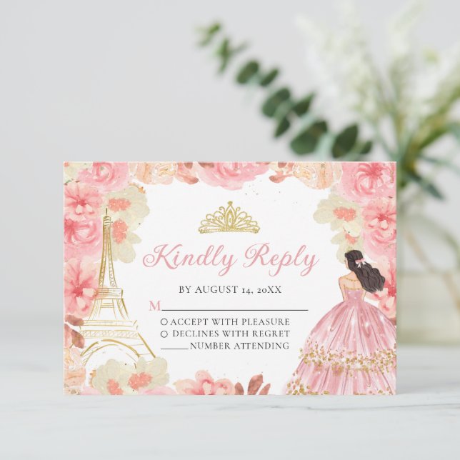 Tarjeta RSVP para princesas de oro rosa Quinceañer (Anverso de pie)