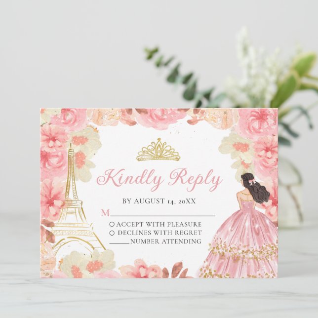 Tarjeta RSVP para princesas de oro rosa Quinceañer (Anverso de pie)