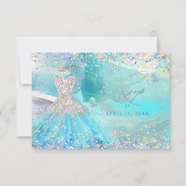 Tarjeta RSVP para Purpurina Quinceanera Silver Aqu (Anverso)