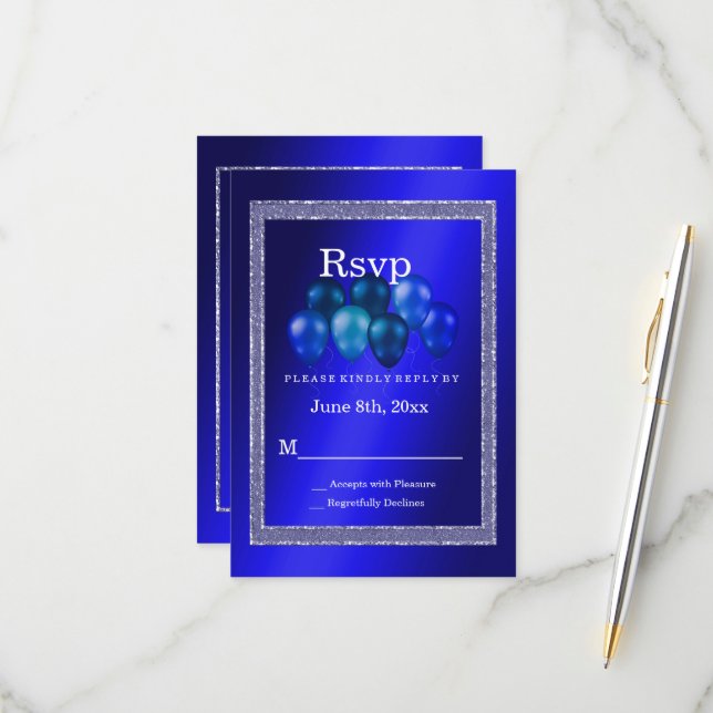 Tarjeta RSVP para Purpurinas azules y globos de cu (Anverso/Reverso In Situ)