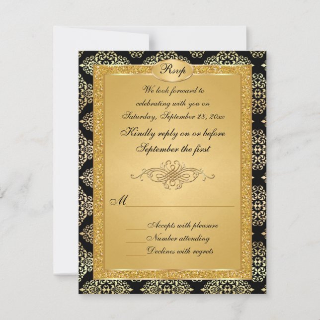 Tarjeta RSVP para Purpurinas de Black, Gold FAUX (Anverso)