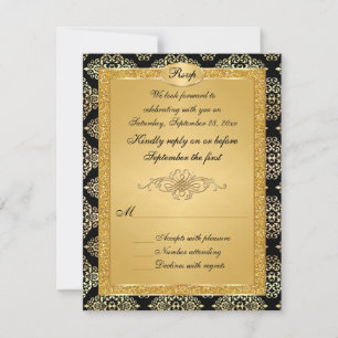 Tarjeta RSVP para Purpurinas de Black, Gold FAUX