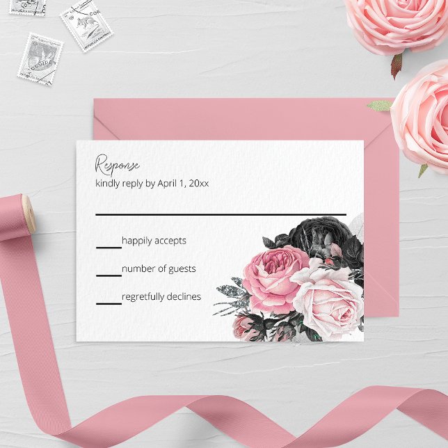 Tarjeta RSVP para Rosas rosados y negros (Subido por el creador)