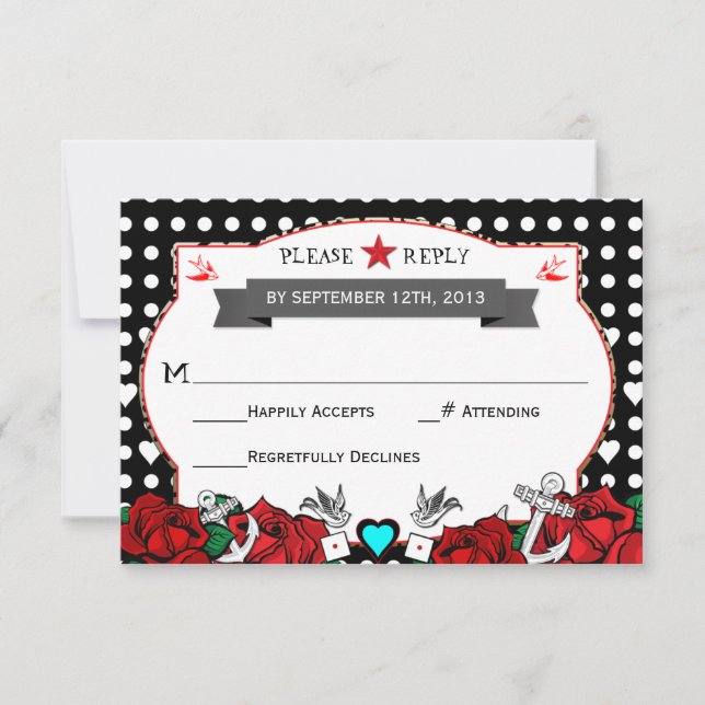 Tarjeta Rsvp Polka Dot Tattoo Rockabilly Wedding (Anverso)