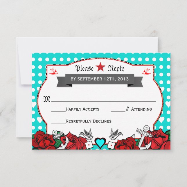 Tarjeta Rsvp Polka Dot Tattoo Rockabilly Wedding (Anverso)