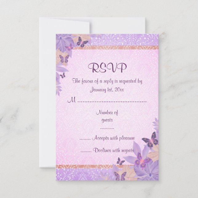 Tarjeta RSVP Purple/Peach Butfly y Damask (Anverso)