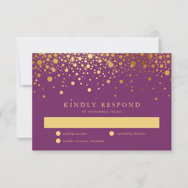 Tarjeta RSVP Purple Relieve metalizado dorado Faux (Anverso)
