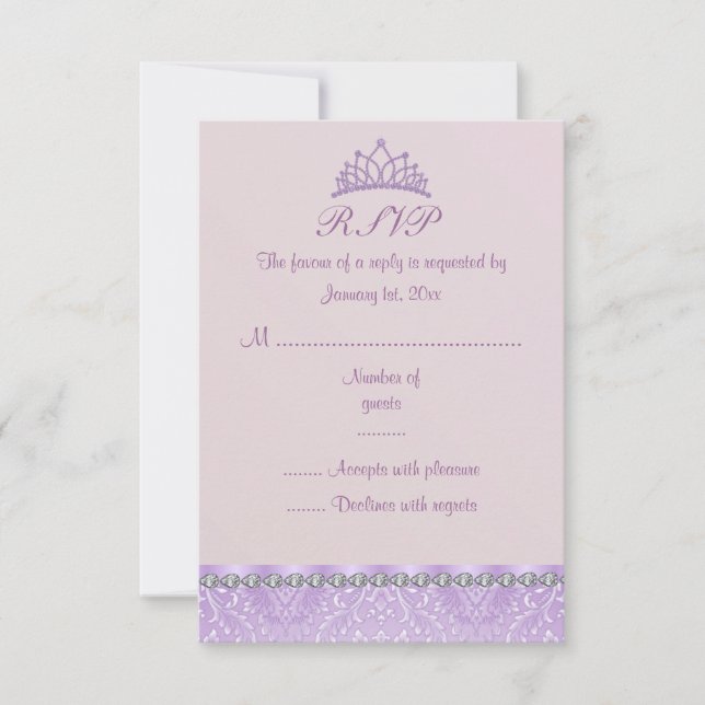 Tarjeta RSVP Purple Tiara & Damask Sweet16 (Anverso)