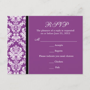 Tarjeta RSVP púrpura de Damask clásica