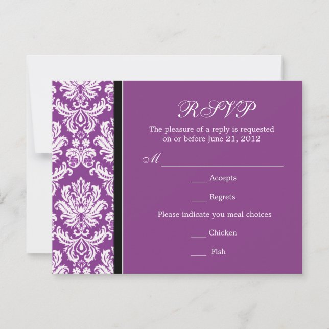 Tarjeta RSVP púrpura de Damask clásica (Anverso)