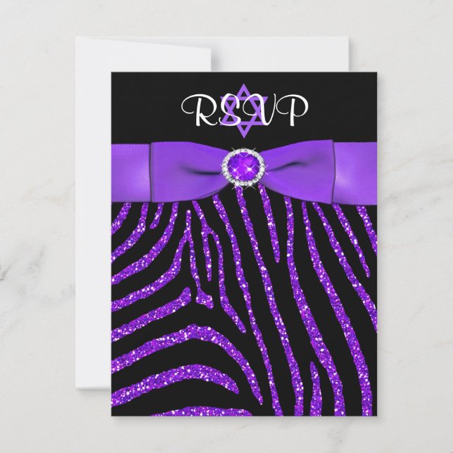 Tarjeta RSVP Purpurina RIBBON Zebra Purple FAUX IM (Anverso)