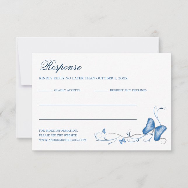 Tarjeta RSVP Quinceanera de mariposas azules y gir (Anverso)