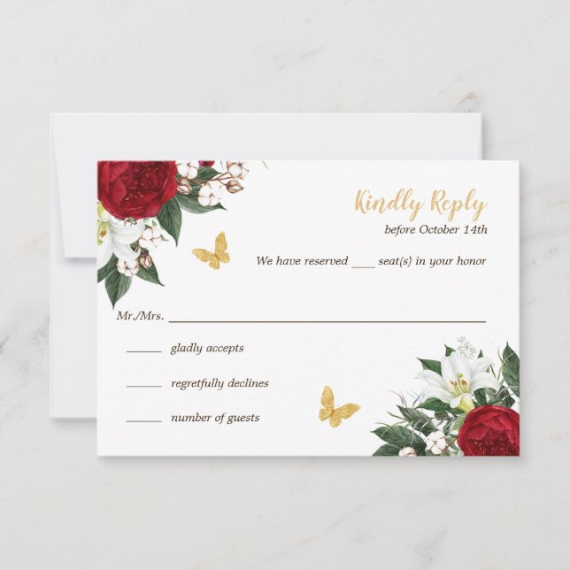 Tarjeta RSVP Quinceañera de mariposas de oro rojo (Anverso)