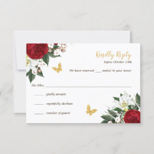 Tarjeta RSVP Quinceañera de mariposas de oro rojo