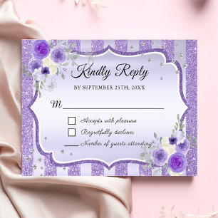 Tarjeta RSVP Quinceanera Purpurina de Floral Púrpu