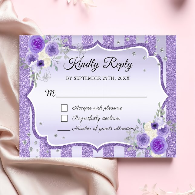 Tarjeta RSVP Quinceanera Purpurina de Floral Púrpu (Subido por el creador)