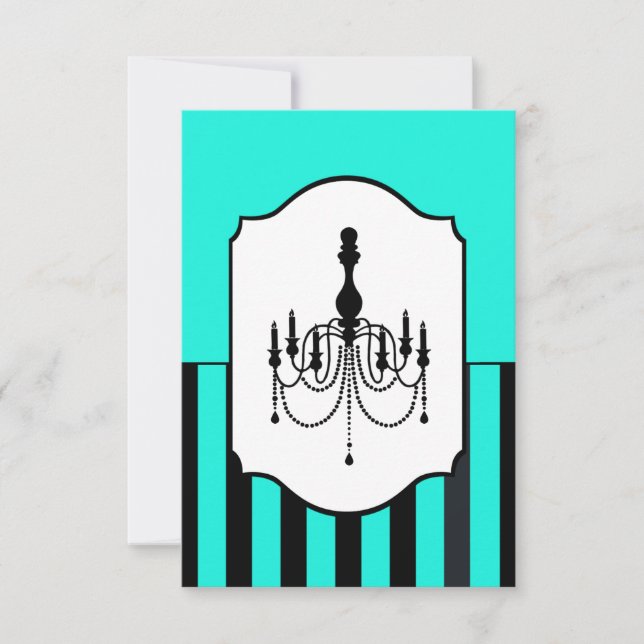 Tarjeta RSVP rayada de candelabro turquesa y negro (Anverso)
