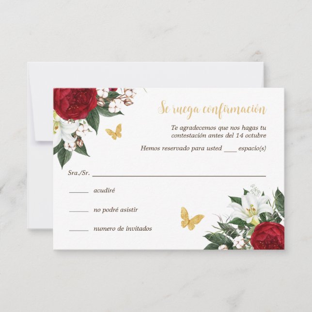 Tarjeta RSVP Red Gold Quinceañera en español (Anverso)