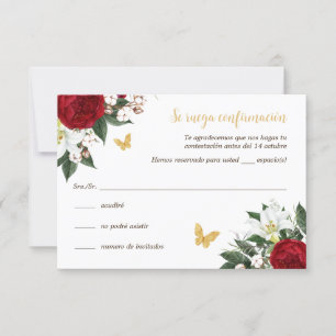 Tarjeta RSVP Red Gold Quinceañera en español