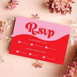 Tarjeta RSVP Retro 70 de matrimonio neón rosa y ro