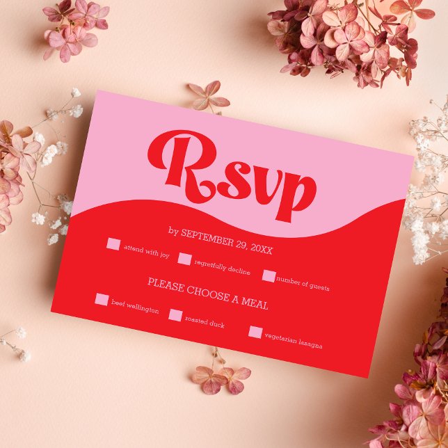 Tarjeta RSVP Retro 70 de matrimonio neón rosa y ro (Subido por el creador)