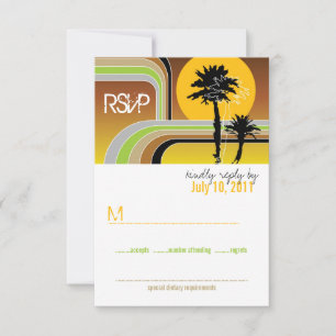 Tarjeta RSVP Retro Sunset Tropical Palm Trees Wedd