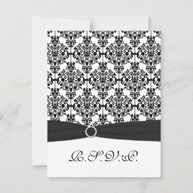 Tarjeta RSVP RIBBON Black, White Damask II IMPRESO (Anverso)