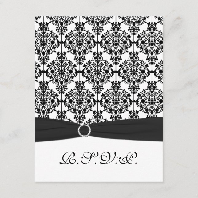Tarjeta RSVP RIBBON Black, White Damask II IMPRESO (Anverso)