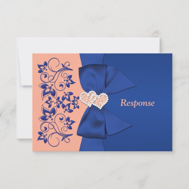 Tarjeta RSVP RIBBON Blue Peach Floral Wedding IMPR (Anverso)