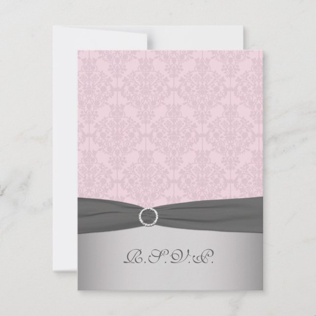 Tarjeta RSVP RIBBON Gris, Damask rosa IMPRESO (Anverso)