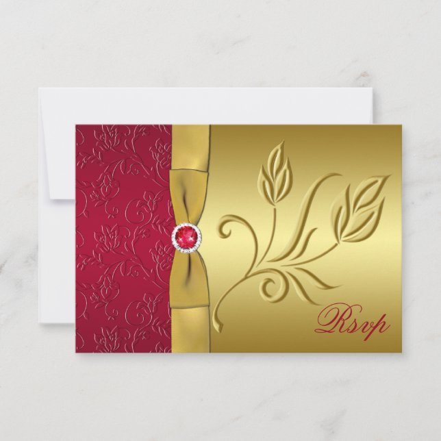 Tarjeta RSVP RIBBON rojo, floral dorada (Anverso)