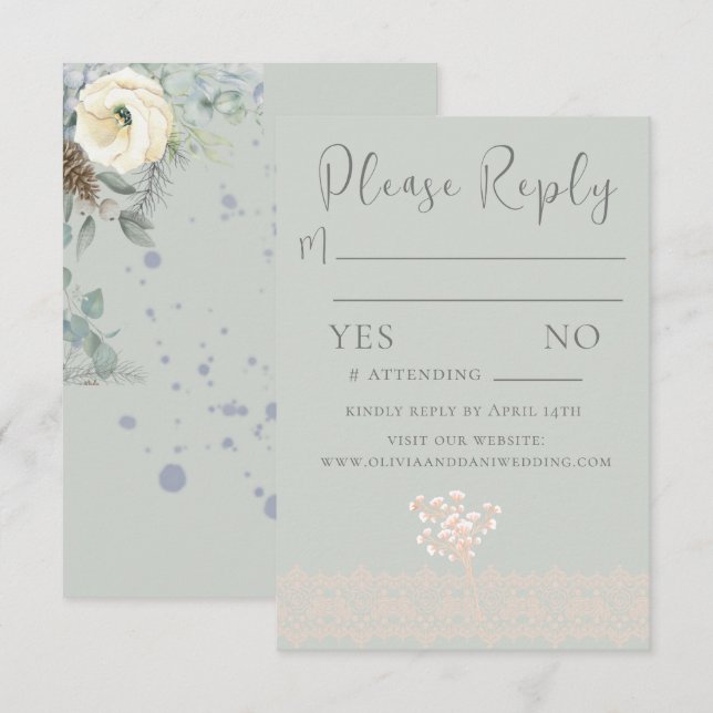 Tarjeta RSVP Romántica Verde Floral Blanca (Anverso / Reverso)