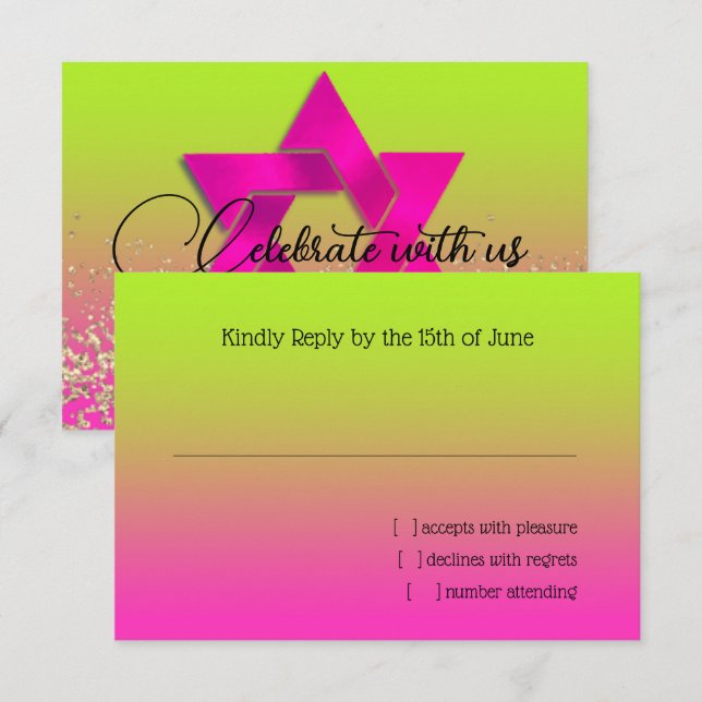 Tarjeta RSVP rosa a naranja verde con estrella (Anverso / Reverso)