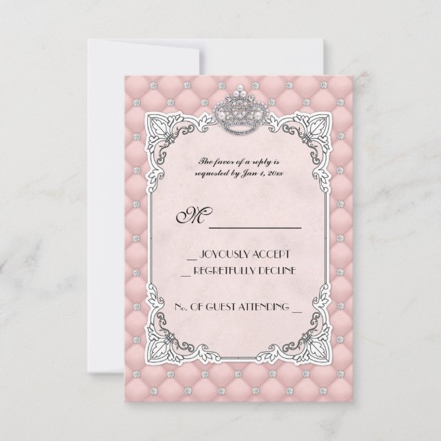 Tarjeta RSVP rosa glamorosa para Bodas de Perlas y (Anverso)