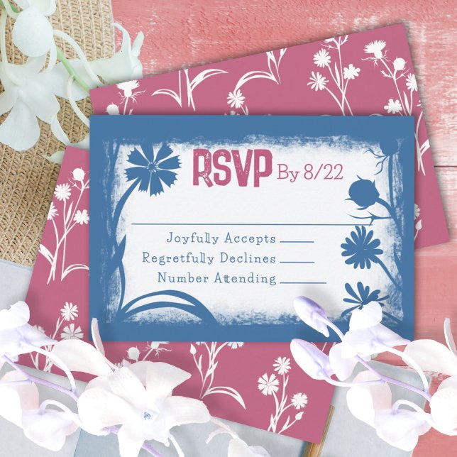 Tarjeta RSVP Rosa Mauve azul de la marina de época (blue floral wild flowers bat mitzvah rsvp response reply card for bat mitzvah party)